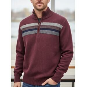 BANANA REPUBLIC Quarter 1/4 Zip Sweater Wool Italian Yarn Men L Burgundy Striped